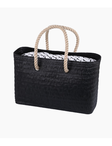 O bag Beach Black set med Logo Black innerväska och långa naturale rephandtag.