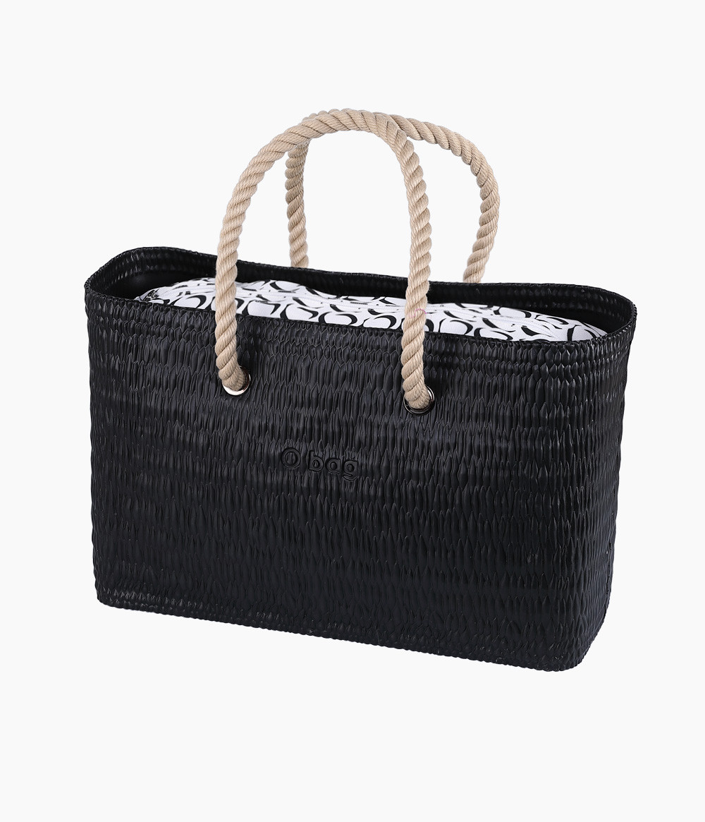 O bag Beach Black set med Logo Black innerväska och långa naturale rephandtag.