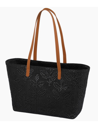 O bag Signature Icon Jacquard Black shoppingväska med långa handtag i exklusiv svart jacquardväv baksida