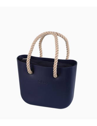 O bag Mini Blue Navy med mörkblå innerväska och långa naturliga rephandtag-front