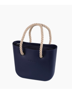 O bag Mini Blue Navy med mörkblå innerväska och långa naturliga rephandtag-front