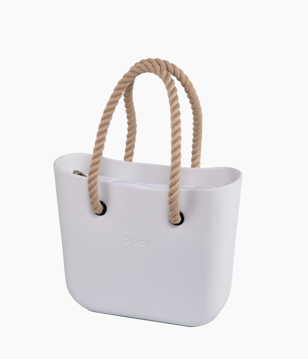 O bag Mini Latte med vit innerväska och långa naturfärgade rephandtag