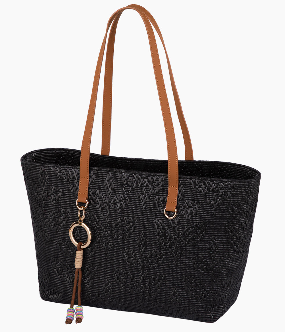 O bag Signature Icon Jacquard Black shoppingväska med långa handtag i exklusiv svart jacquardväv framsida