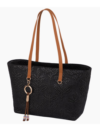 O bag Signature Icon Jacquard Black shoppingväska med långa handtag i exklusiv svart jacquardväv framsida