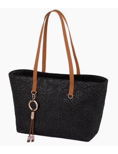 O bag Signature Icon Jacquard Black shoppingväska med långa handtag i exklusiv svart jacquardväv framsida